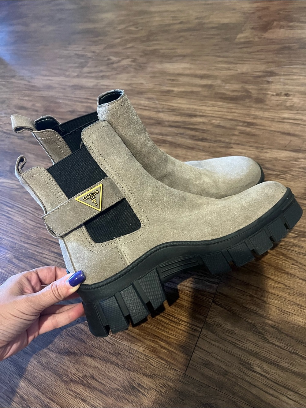 Guess Taupe Suede Chelsea Lug Boots with Black Soles